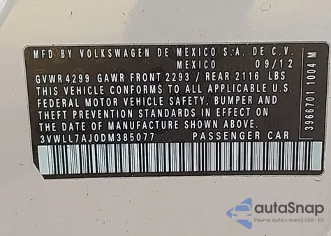 2013 Volkswagen Jetta 2.0L Tdi из США, поврежденный, VIN 3VWLL7AJ0DM385077